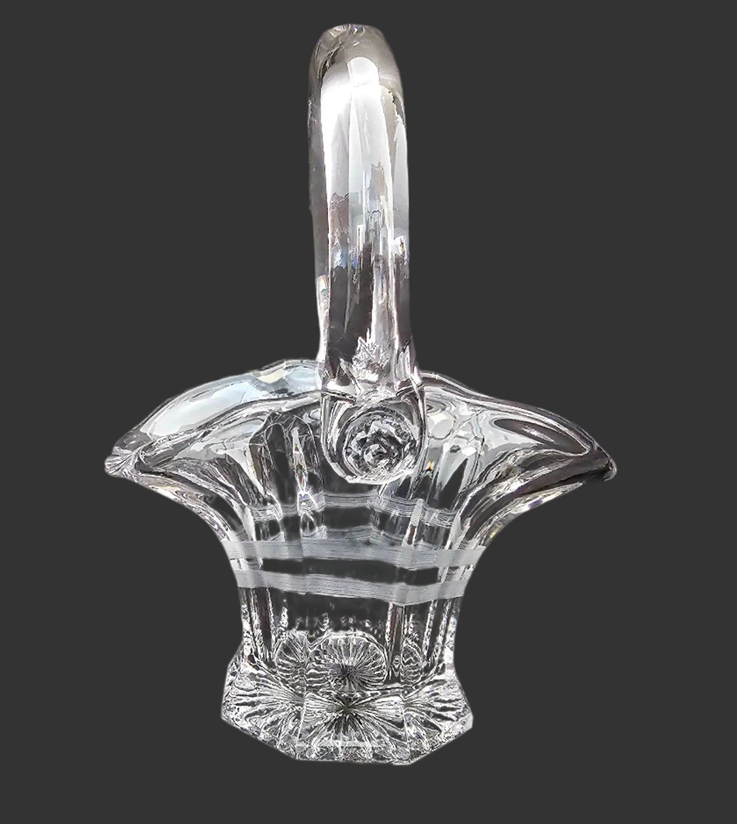 Vintage Etched Glass Basket or Vase, Easter or Wedding Decor, Bridal Bouquet, Art Deco or Art Nouveau Etching