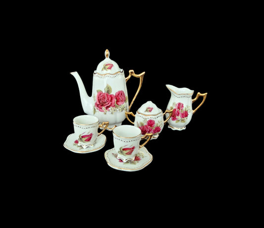 Miniature Porcelain Tea Set with Red Roses and Gilt Accents