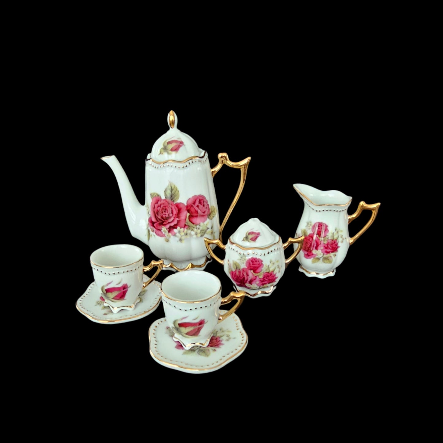 Miniature Porcelain Tea Set with Red Roses and Gilt Accents