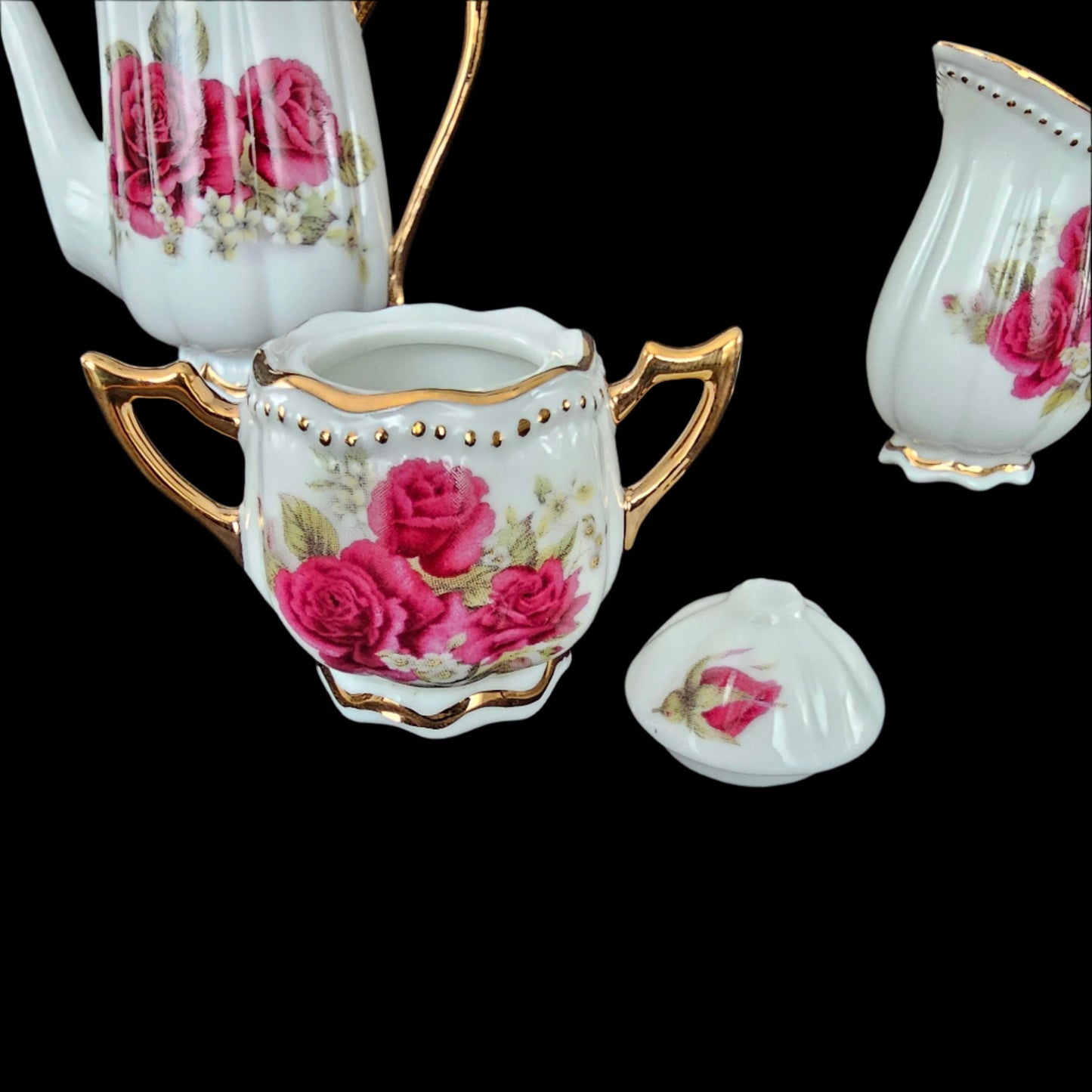 Miniature Porcelain Tea Set with Red Roses and Gilt Accents