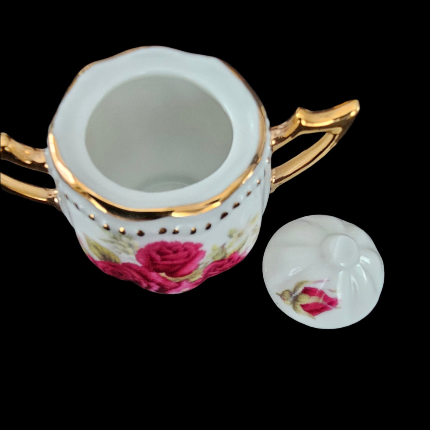 Miniature Porcelain Tea Set with Red Roses and Gilt Accents