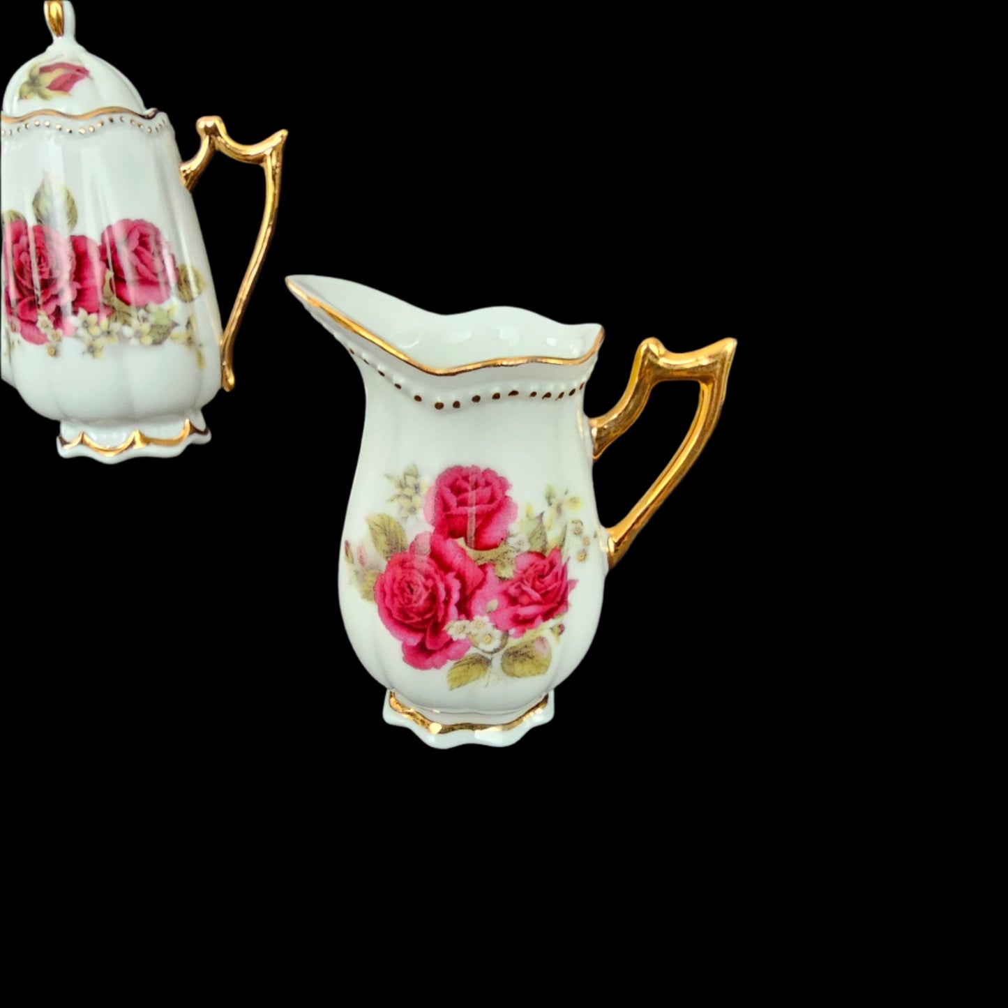 Miniature Porcelain Tea Set with Red Roses and Gilt Accents