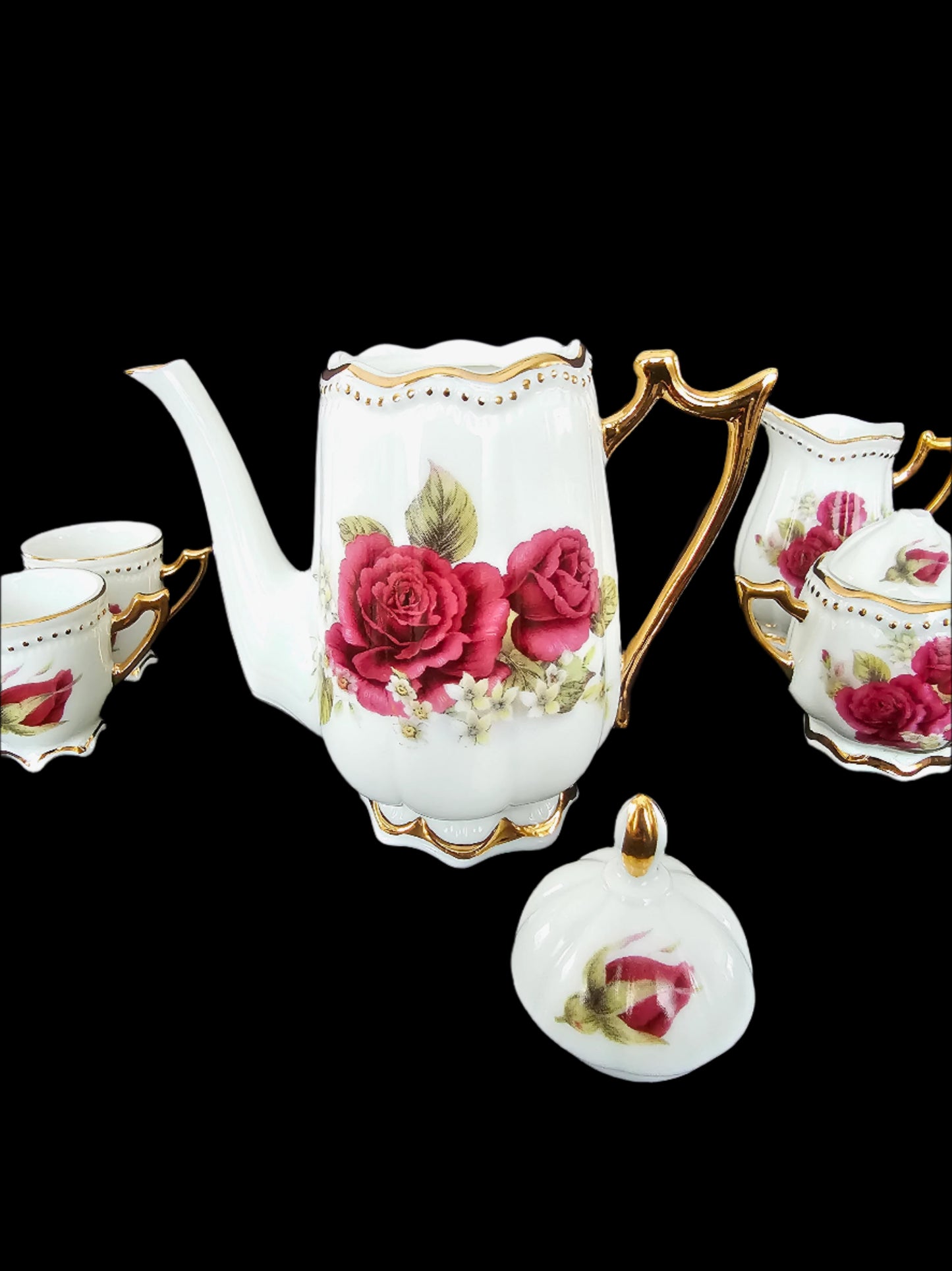 Miniature Porcelain Tea Set with Red Roses and Gilt Accents