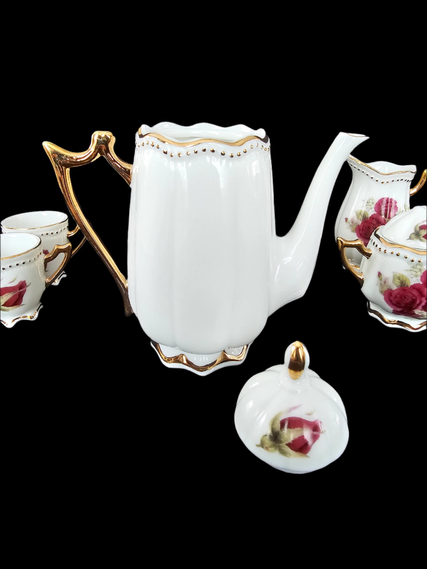 Miniature Porcelain Tea Set with Red Roses and Gilt Accents