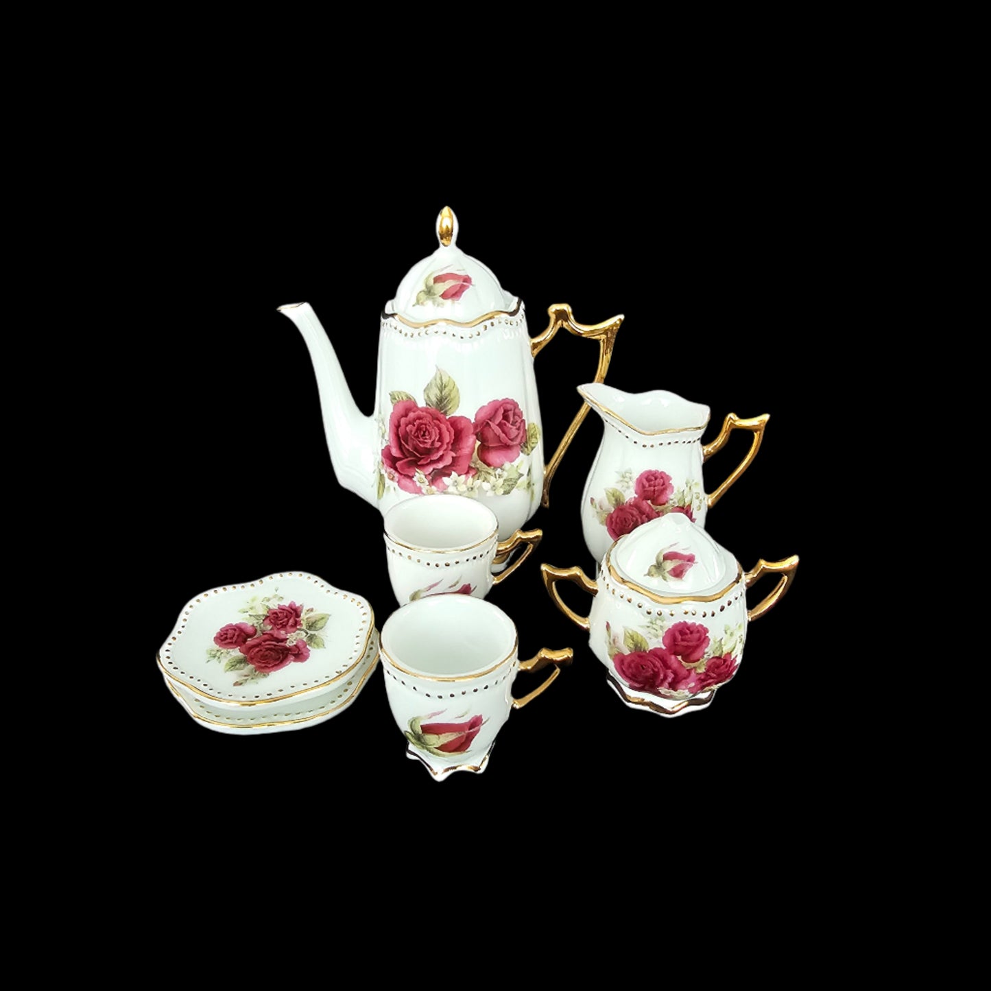 Miniature Porcelain Tea Set with Red Roses and Gilt Accents