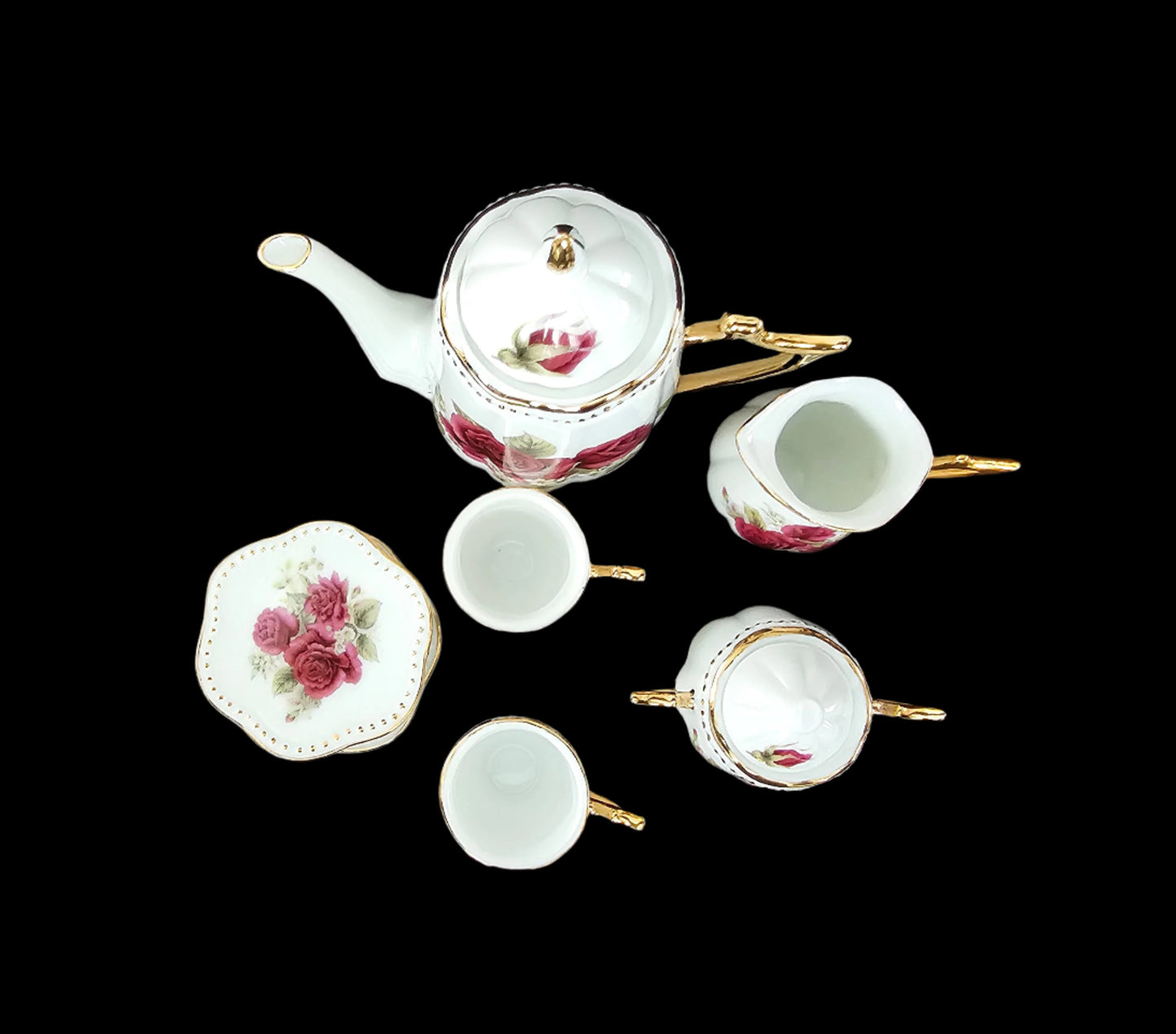 Miniature Porcelain Tea Set with Red Roses and Gilt Accents