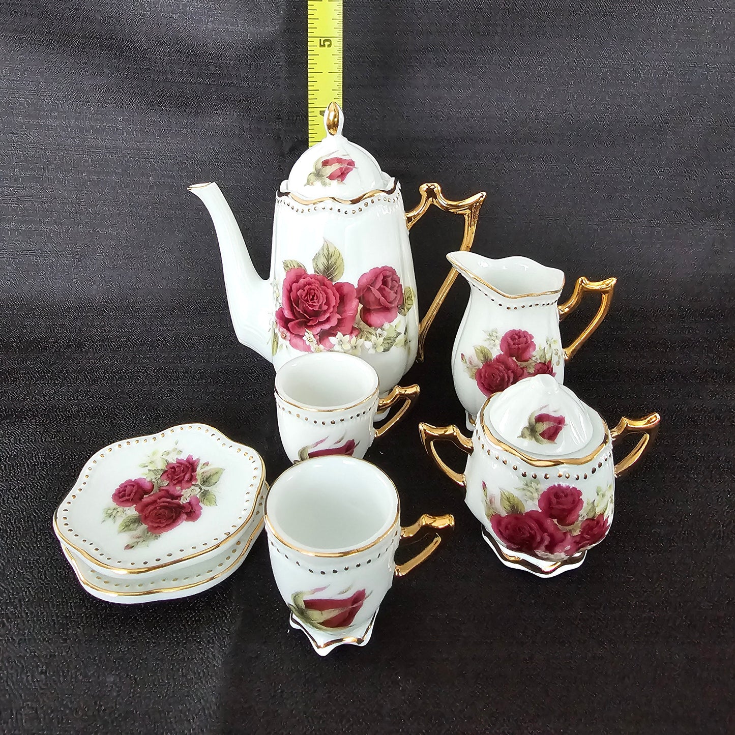 Miniature Porcelain Tea Set with Red Roses and Gilt Accents