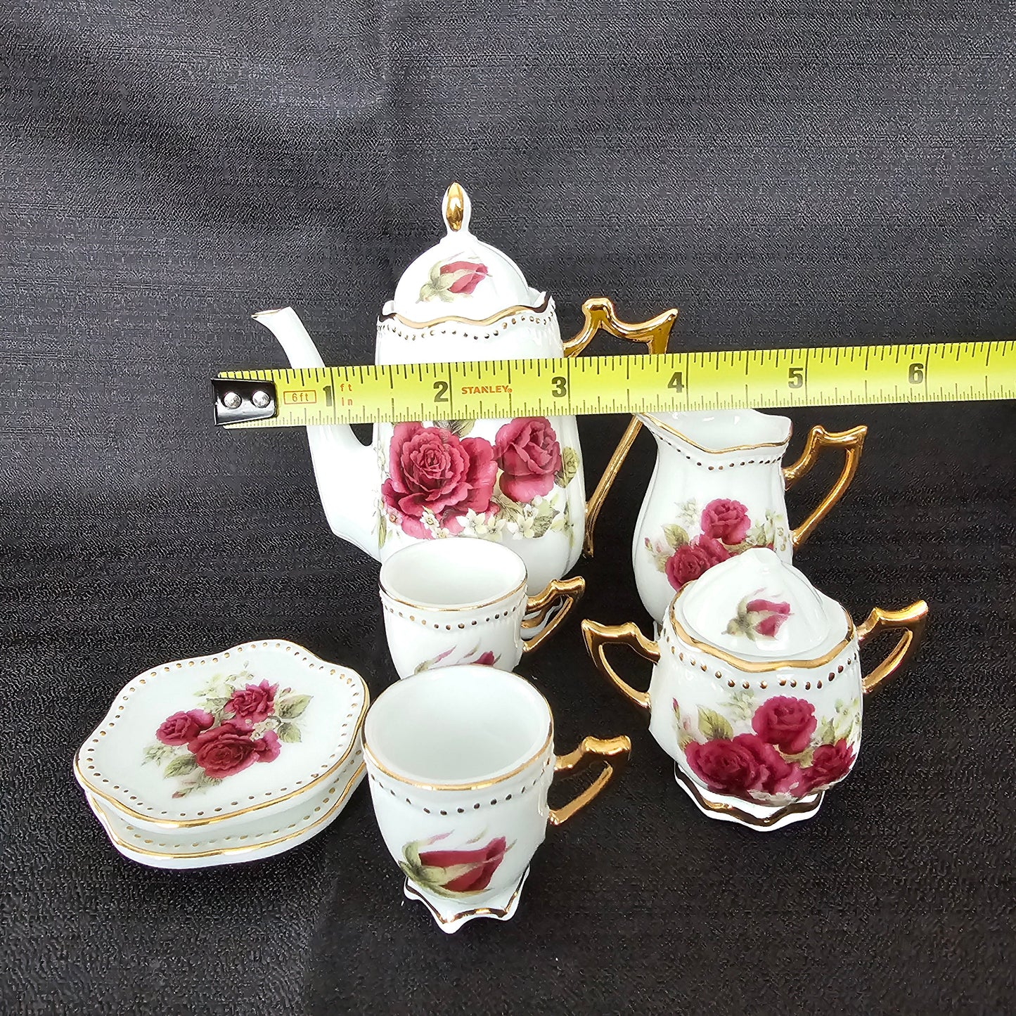 Miniature Porcelain Tea Set with Red Roses and Gilt Accents