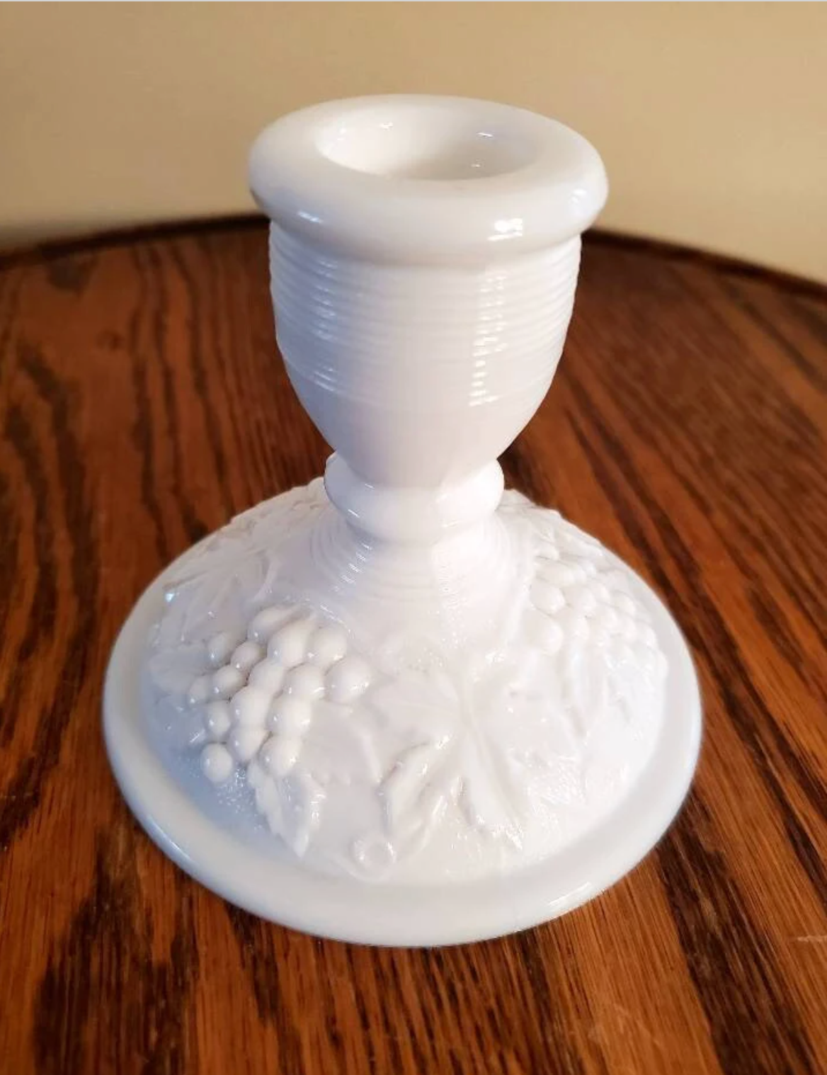 Imperial Glass Ohio Single Light Candlestick in Milk Glass with Grape and Leaf Embossing