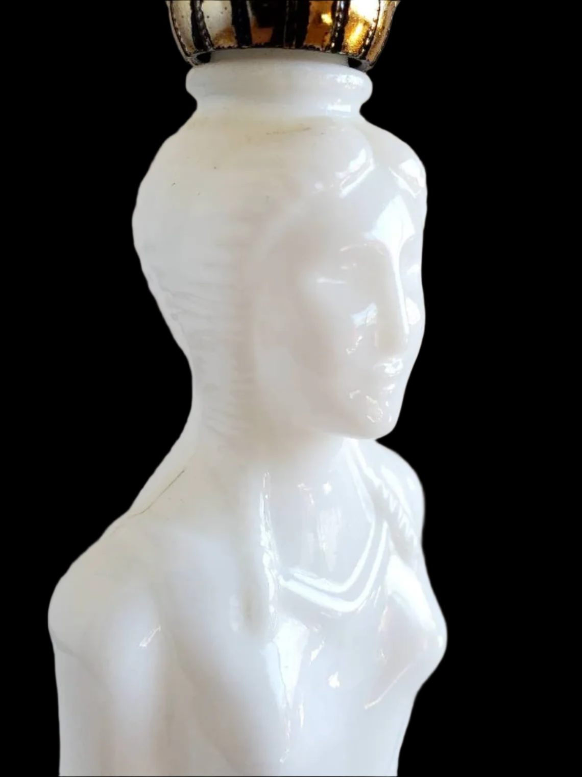 Vintage Avon Milk Glass Bottle, Grecian Female Statue w/ Gold Wreath and Headpiece, Skin So Soft