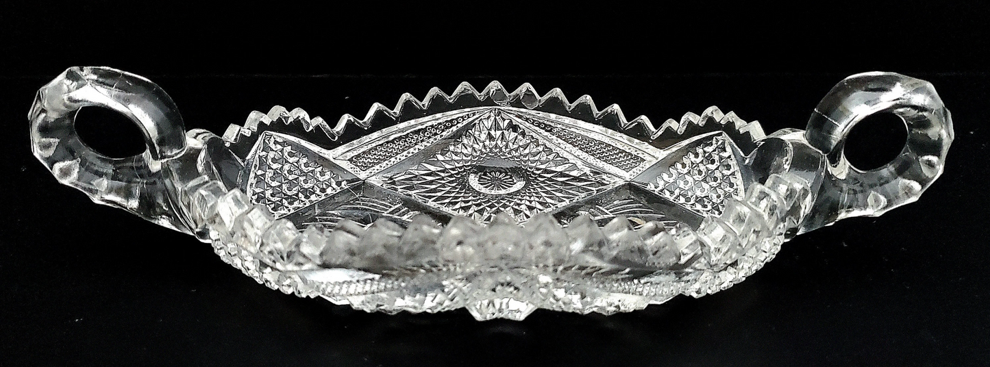 ABPG American Brilliant Period Oval Cut Glass Relish Tray, Two-Handled Nappy, Sawtooth Edge, EXCELLENT Condition