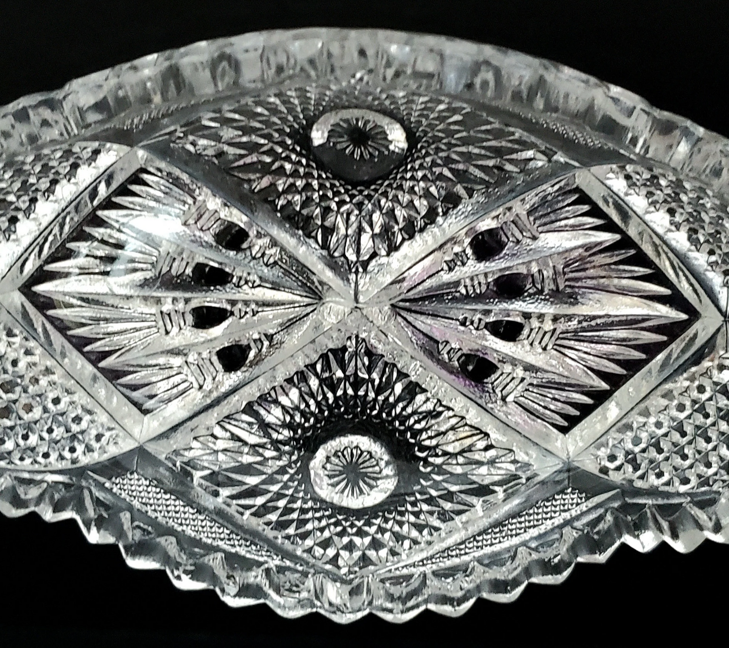 ABPG American Brilliant Period Oval Cut Glass Relish Tray, Two-Handled Nappy, Sawtooth Edge, EXCELLENT Condition