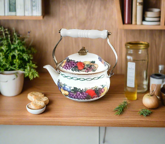 1960's Lincoln Ware Enamel Tea Kettle in the Cornucopia (Fruit) Pattern