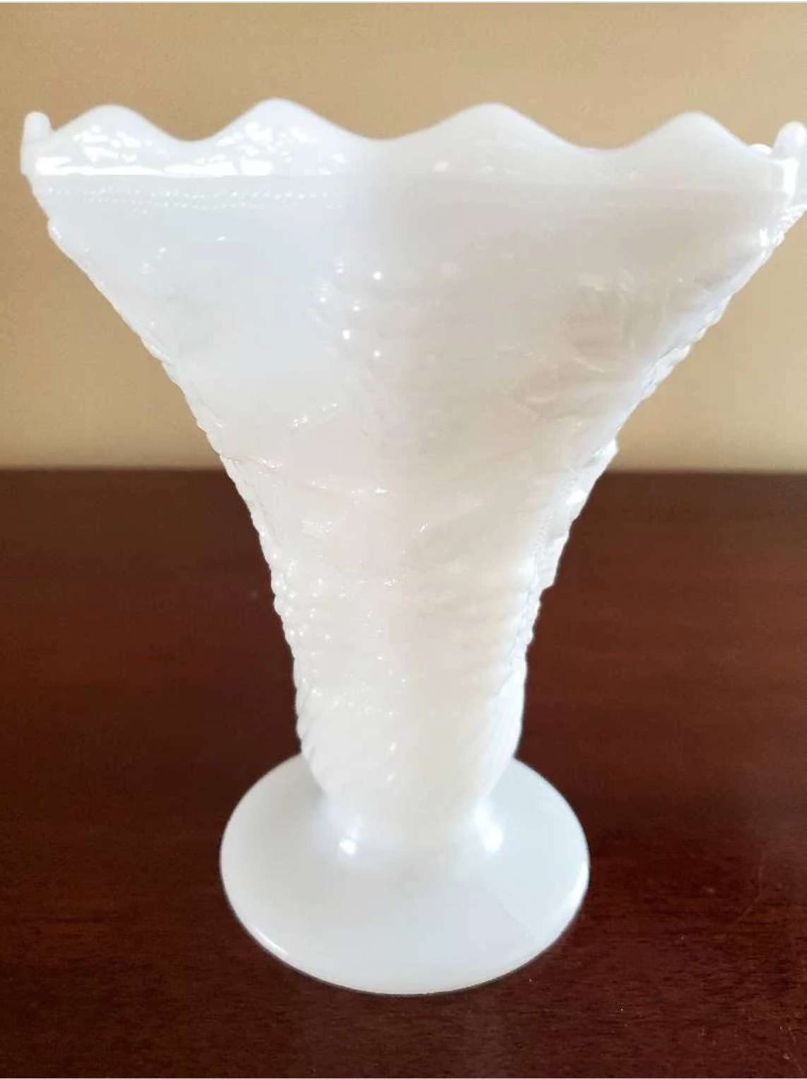 Anchor Hocking Footed Milk Glass Vase with Grapes and Grape Leaves