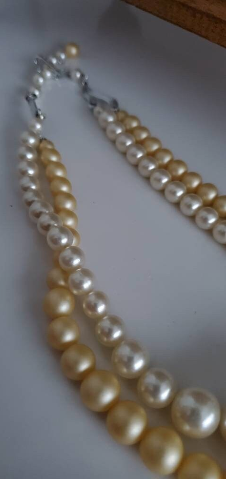 Vintage 1950's era Double Strand Faux Pearl Choker, white and creamy beige, Japan