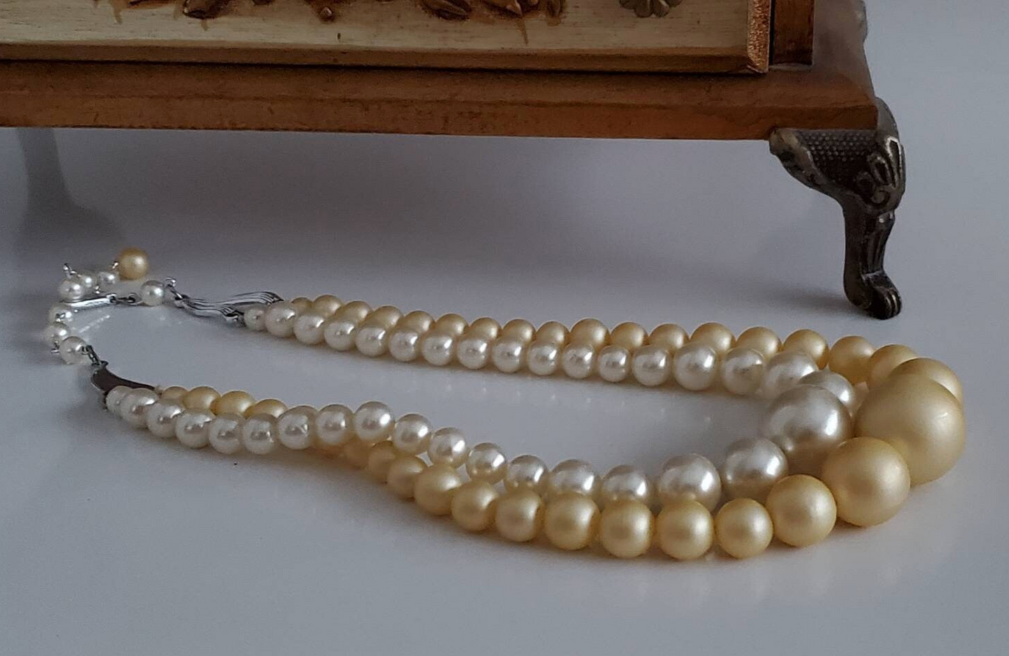 Vintage 1950's era Double Strand Faux Pearl Choker, white and creamy beige, Japan