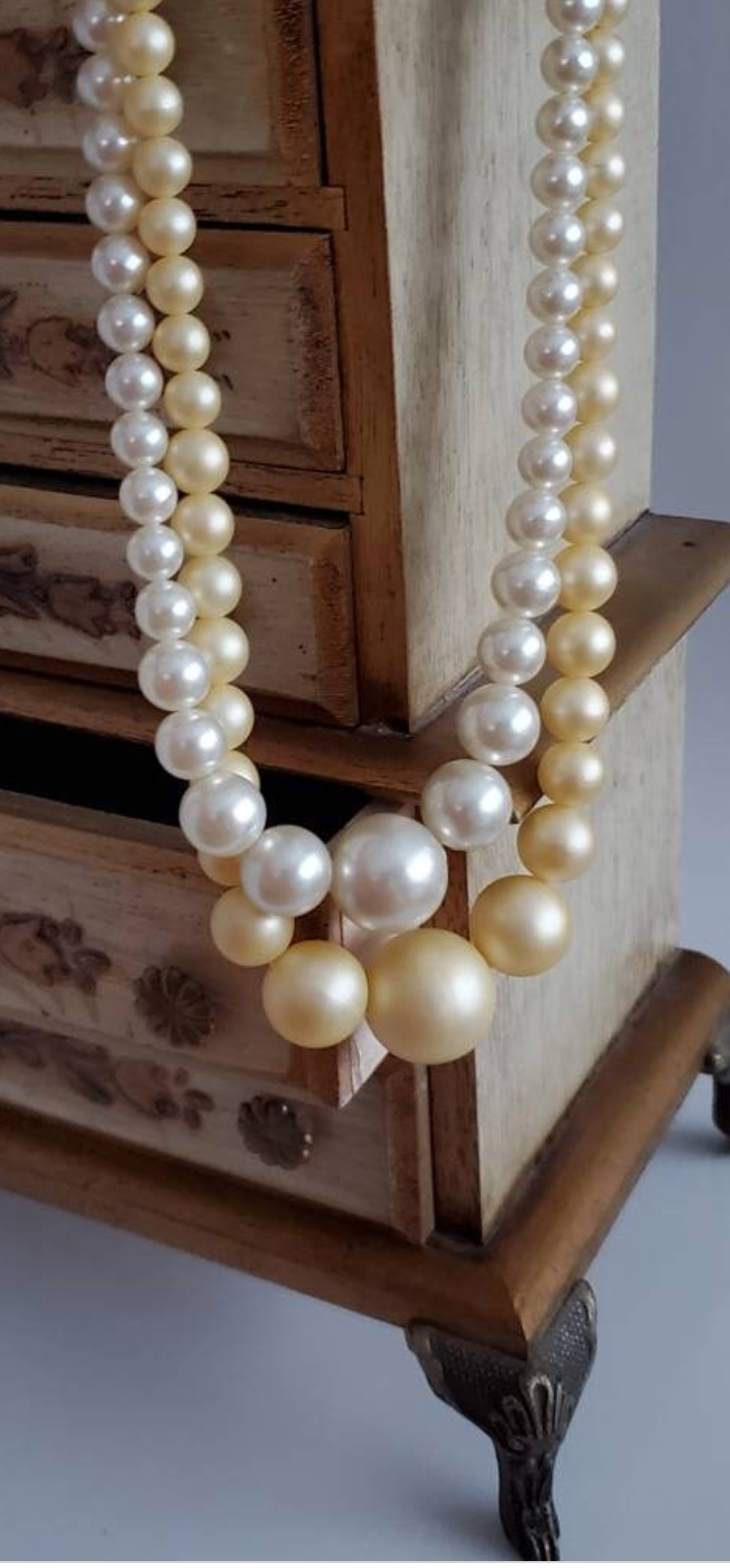 Vintage 1950's era Double Strand Faux Pearl Choker, white and creamy beige, Japan