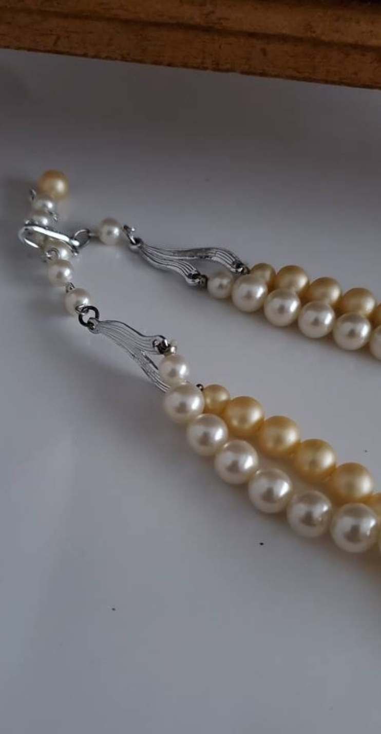 Vintage 1950's era Double Strand Faux Pearl Choker, white and creamy beige, Japan