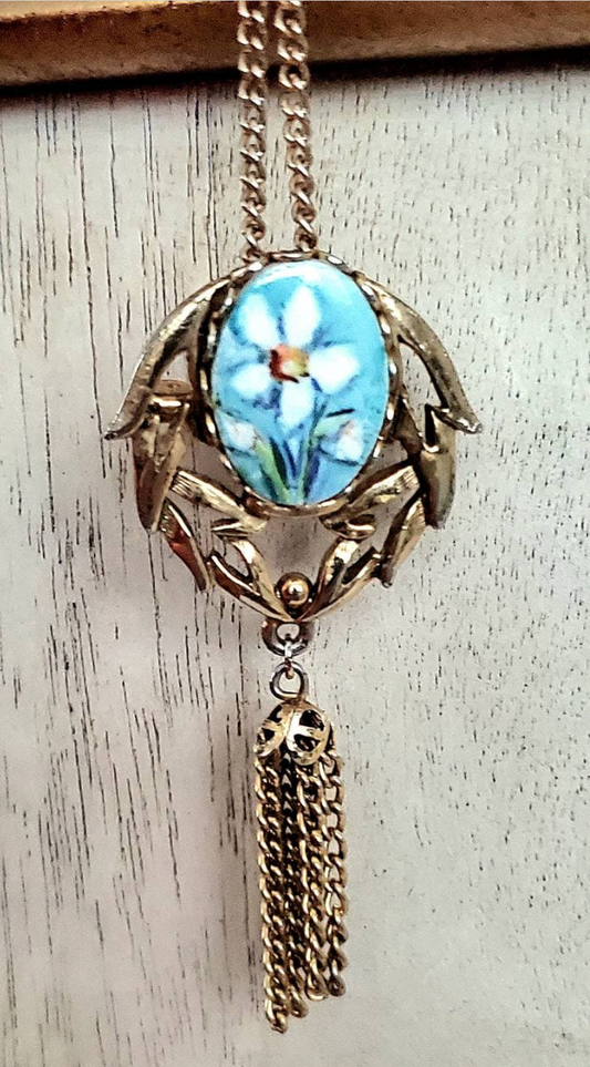 24" Victorian Style Pendant Necklace and Broach with White Flower on Blue Background and Metal Tassel