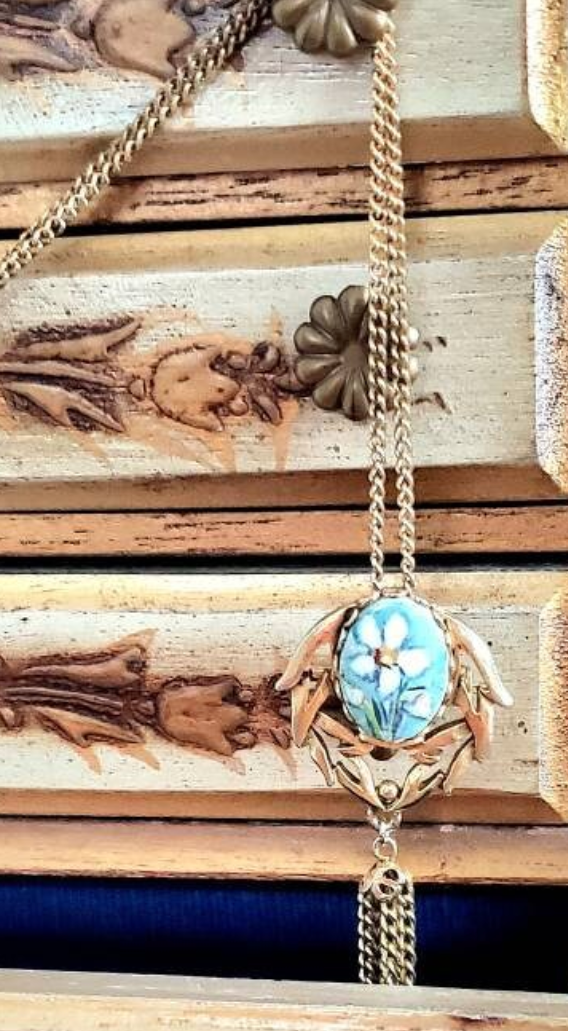 24" Victorian Style Pendant Necklace and Broach with White Flower on Blue Background and Metal Tassel