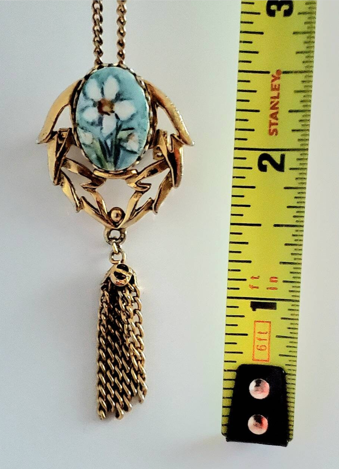 24" Victorian Style Pendant Necklace and Broach with White Flower on Blue Background and Metal Tassel