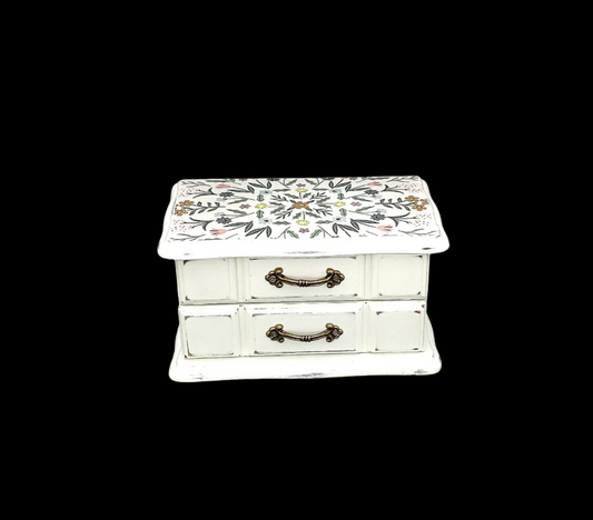 Small White Jewelry Box with Drawer and Lidded Compartment, Refurbished, Green Interior