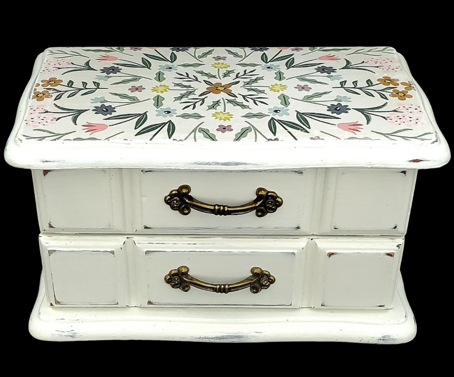 Small White Jewelry Box with Drawer and Lidded Compartment, Refurbished, Green Interior