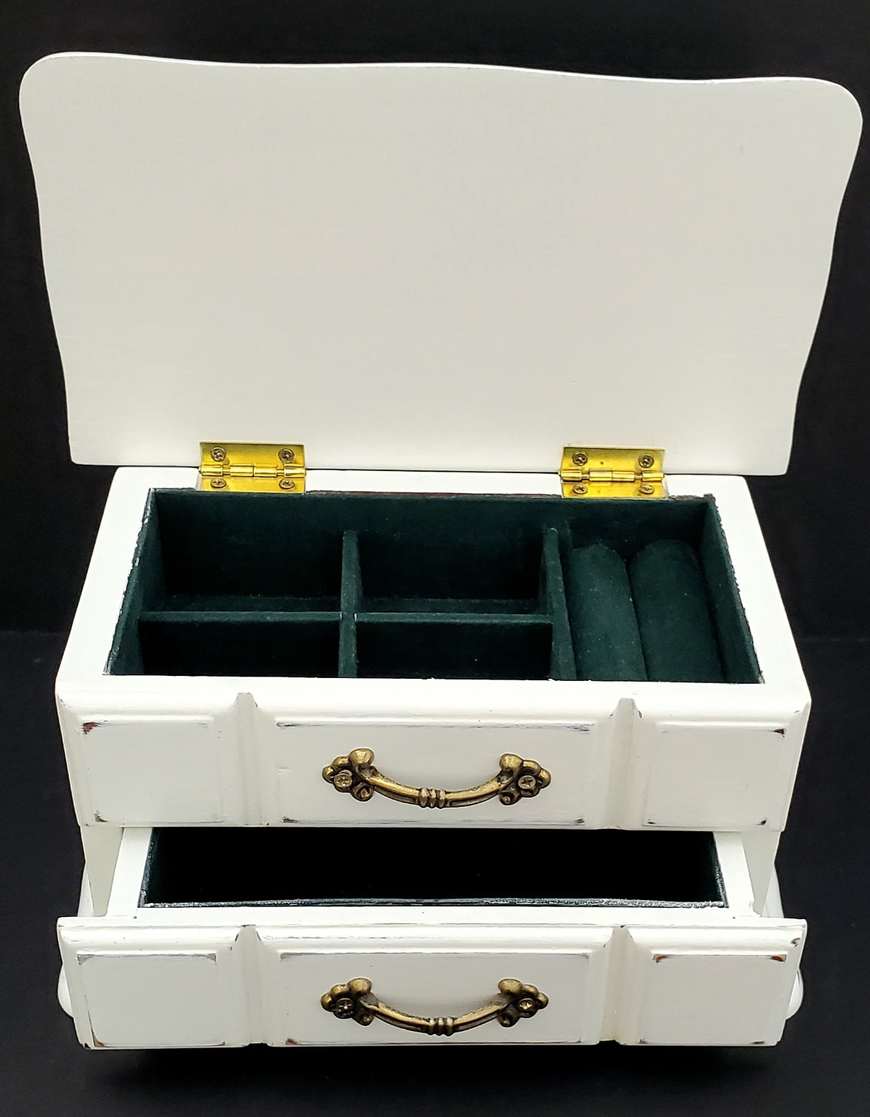 Small White Jewelry Box with Drawer and Lidded Compartment, Refurbished, Green Interior