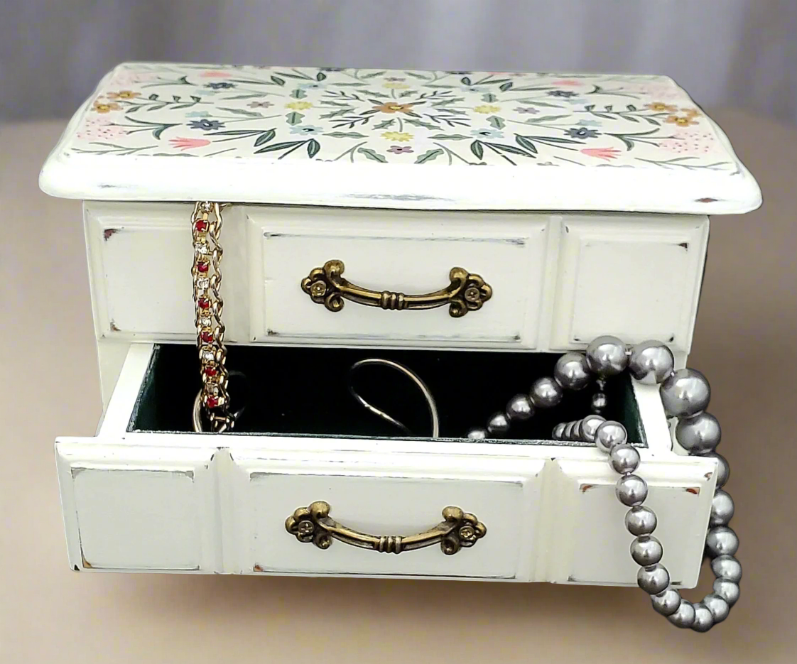 Small White Jewelry Box with Drawer and Lidded Compartment, Refurbished, Green Interior