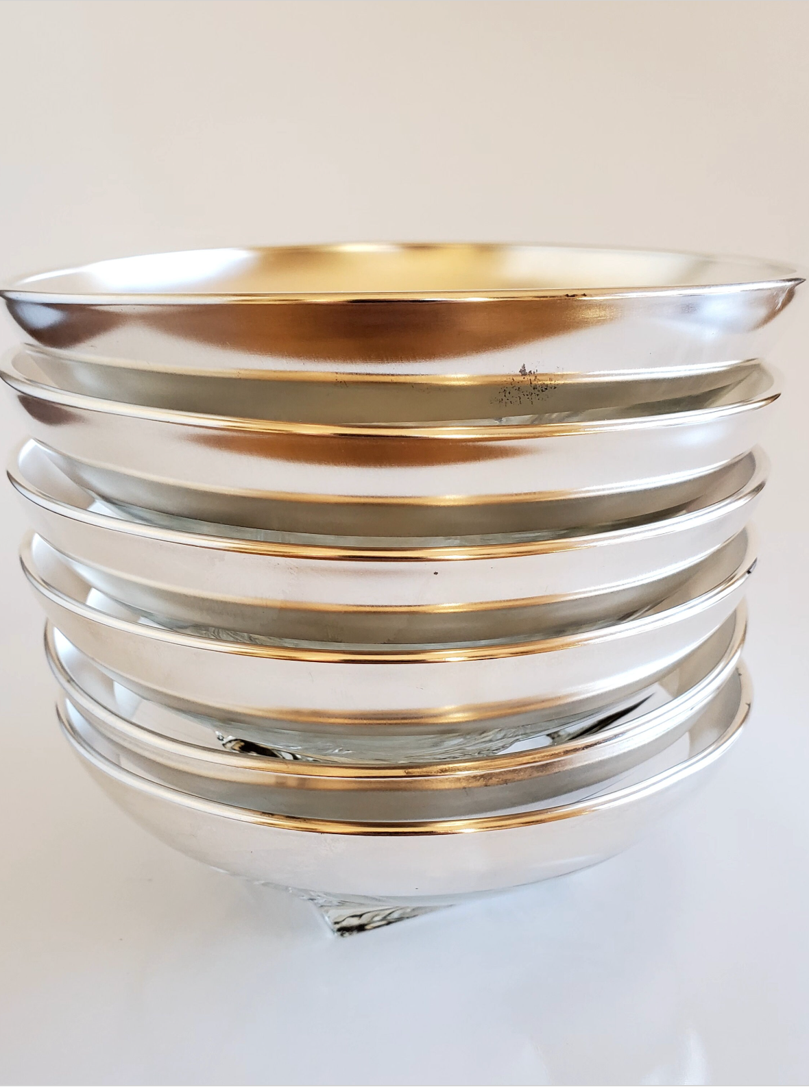 Set of 6 MCM Crystal Salad Bowls with Silver Plate Rim, Circa 1960's, Dorothy Thorpe Style