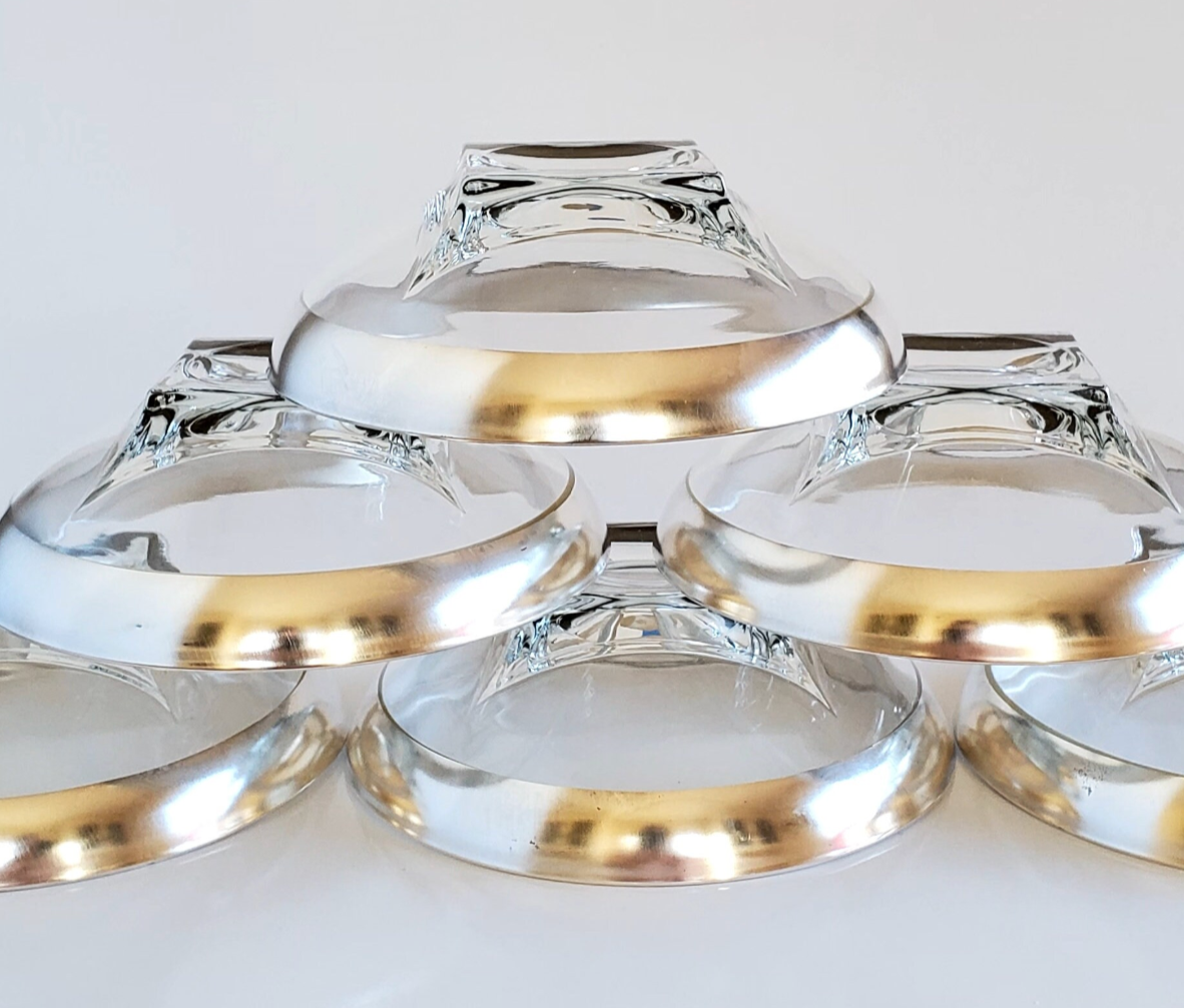 Set of 6 MCM Crystal Salad Bowls with Silver Plate Rim, Circa 1960's, Dorothy Thorpe Style