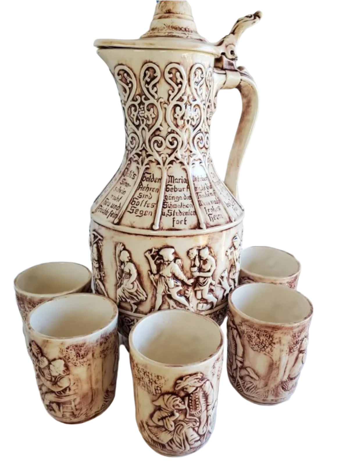 German Ceramic Beer Stein with 7 Cups, Bacchanal Bas Relief Scene, Atlantic Mold