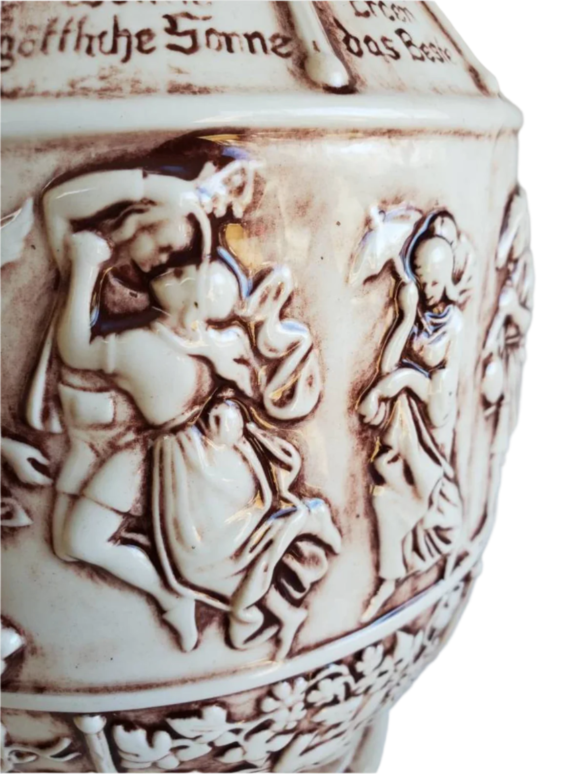 German Ceramic Beer Stein with 7 Cups, Bacchanal Bas Relief Scene, Atlantic Mold