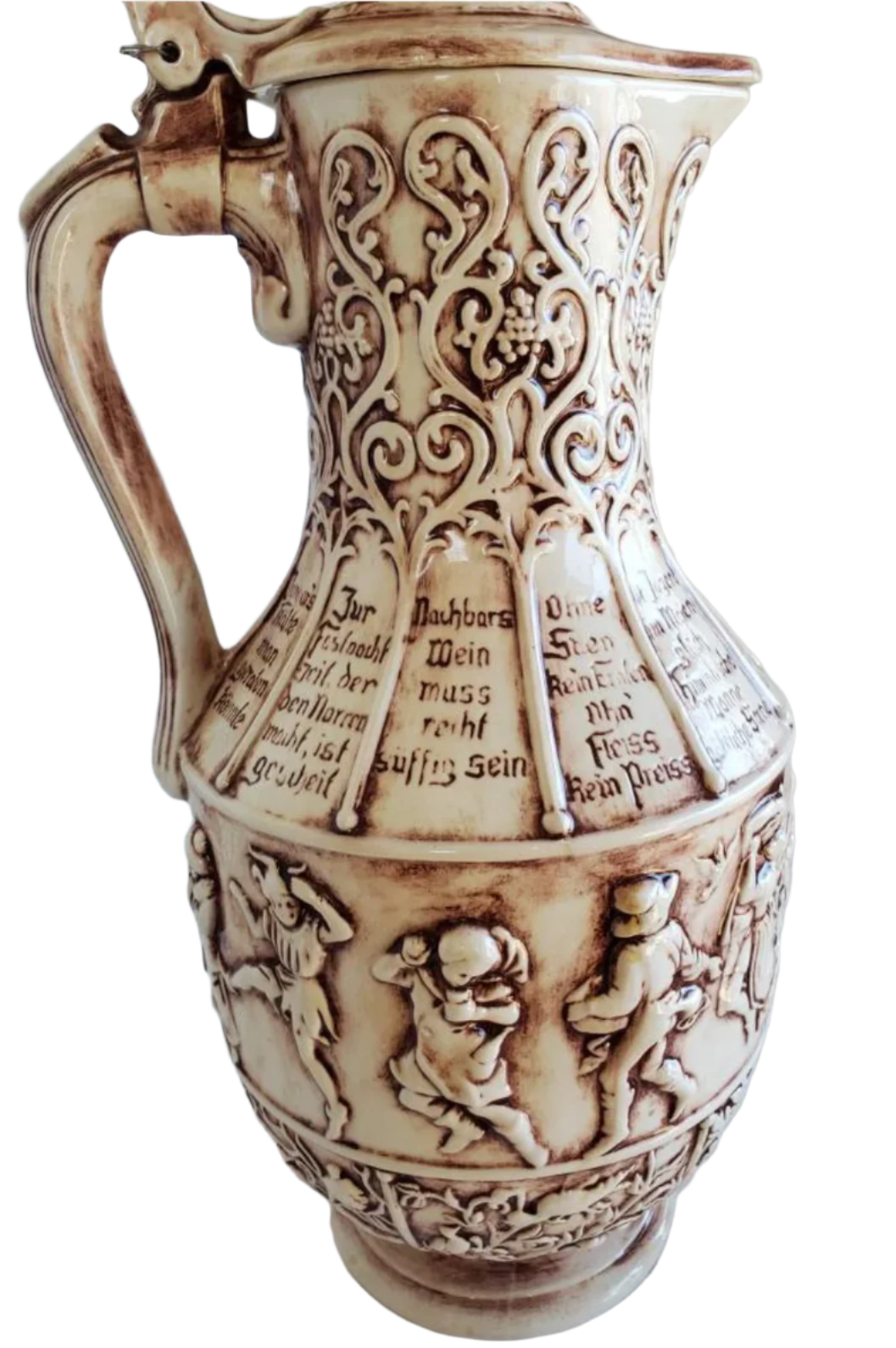 German Ceramic Beer Stein with 7 Cups, Bacchanal Bas Relief Scene, Atlantic Mold