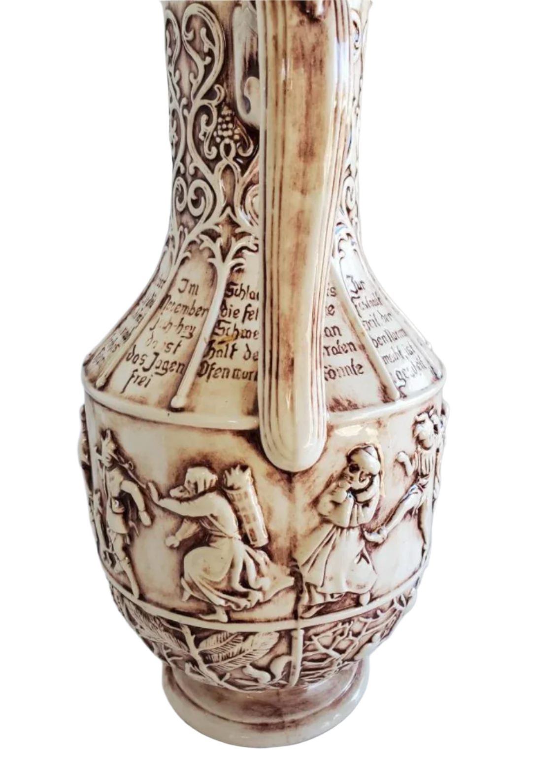 German Ceramic Beer Stein with 7 Cups, Bacchanal Bas Relief Scene, Atlantic Mold