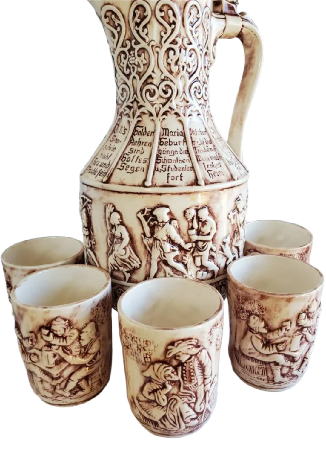 German Ceramic Beer Stein with 7 Cups, Bacchanal Bas Relief Scene, Atlantic Mold