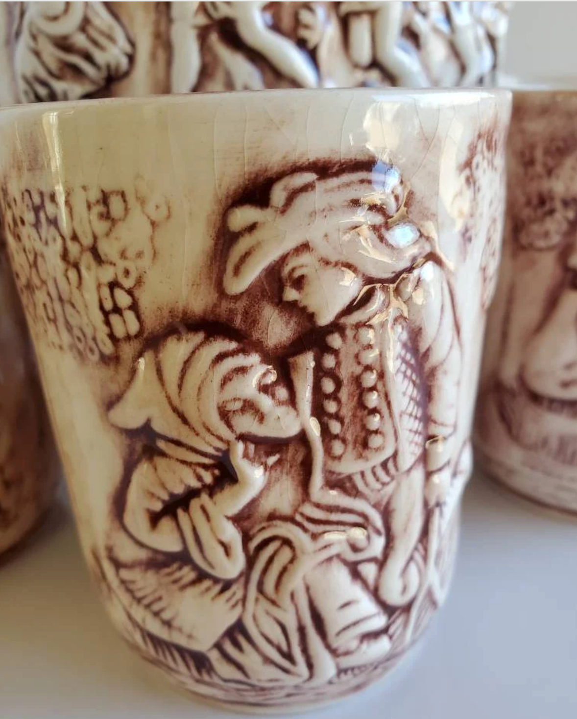 German Ceramic Beer Stein with 7 Cups, Bacchanal Bas Relief Scene, Atlantic Mold