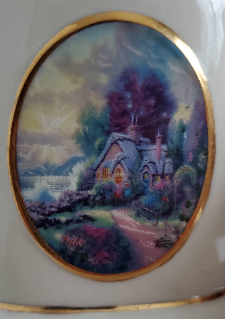 Gorgeous Vintage Thomas Kinkade Sugar and Creamer Set with Spoon, by Avon China, "Stepping Stone Cottage," "New Day Dawning"