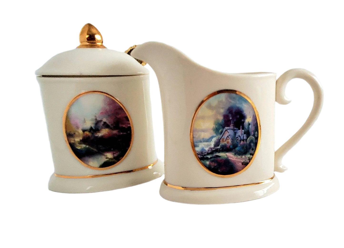 Gorgeous Vintage Thomas Kinkade Sugar and Creamer Set with Spoon, by Avon China, "Stepping Stone Cottage," "New Day Dawning"