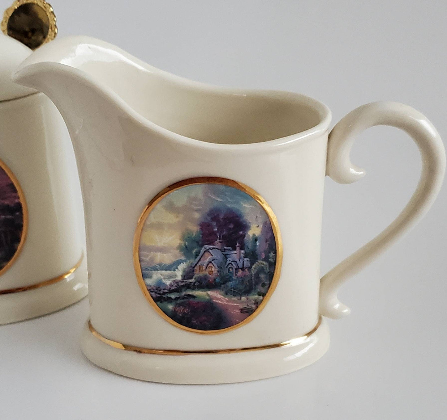 Gorgeous Vintage Thomas Kinkade Sugar and Creamer Set with Spoon, by Avon China, "Stepping Stone Cottage," "New Day Dawning"