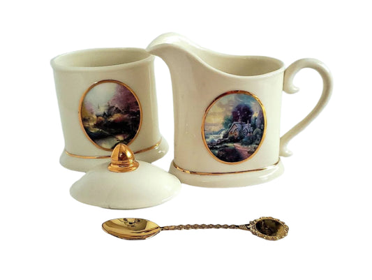 Gorgeous Vintage Thomas Kinkade Sugar and Creamer Set with Spoon, by Avon China, "Stepping Stone Cottage," "New Day Dawning"