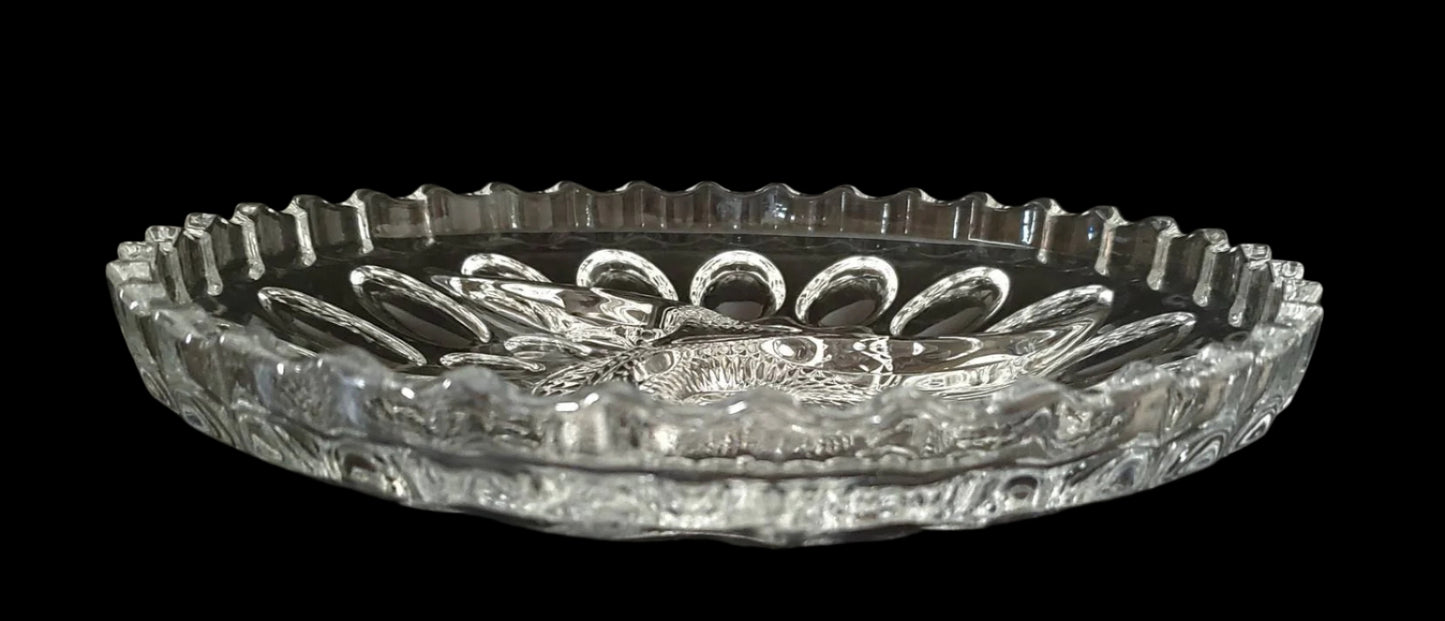 Stunning Vintage 9" Crystal Divided Serving Dish with Scalloped Rim and Bubble/Thumbprint Pattern, MCM