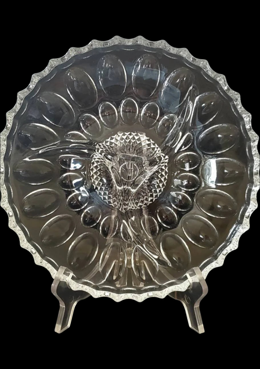 Stunning Vintage 9" Crystal Divided Serving Dish with Scalloped Rim and Bubble/Thumbprint Pattern, MCM