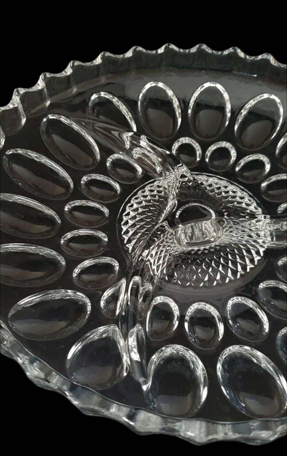 Stunning Vintage 9" Crystal Divided Serving Dish with Scalloped Rim and Bubble/Thumbprint Pattern, MCM