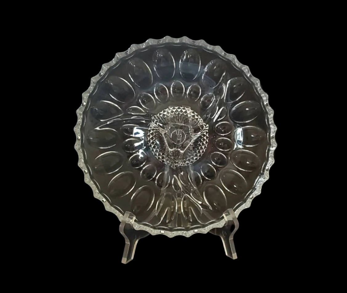 Stunning Vintage 9" Crystal Divided Serving Dish with Scalloped Rim and Bubble/Thumbprint Pattern, MCM