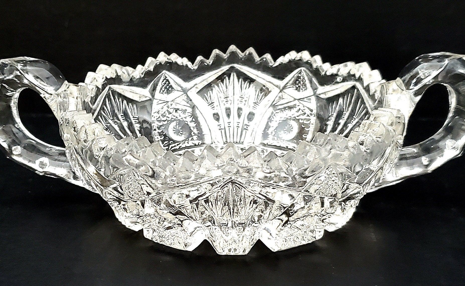 American Brilliant Period Cut Glass Two-Handled Nappy, Nut Dish, Candy Dish - Stunning - Excellent Condition!