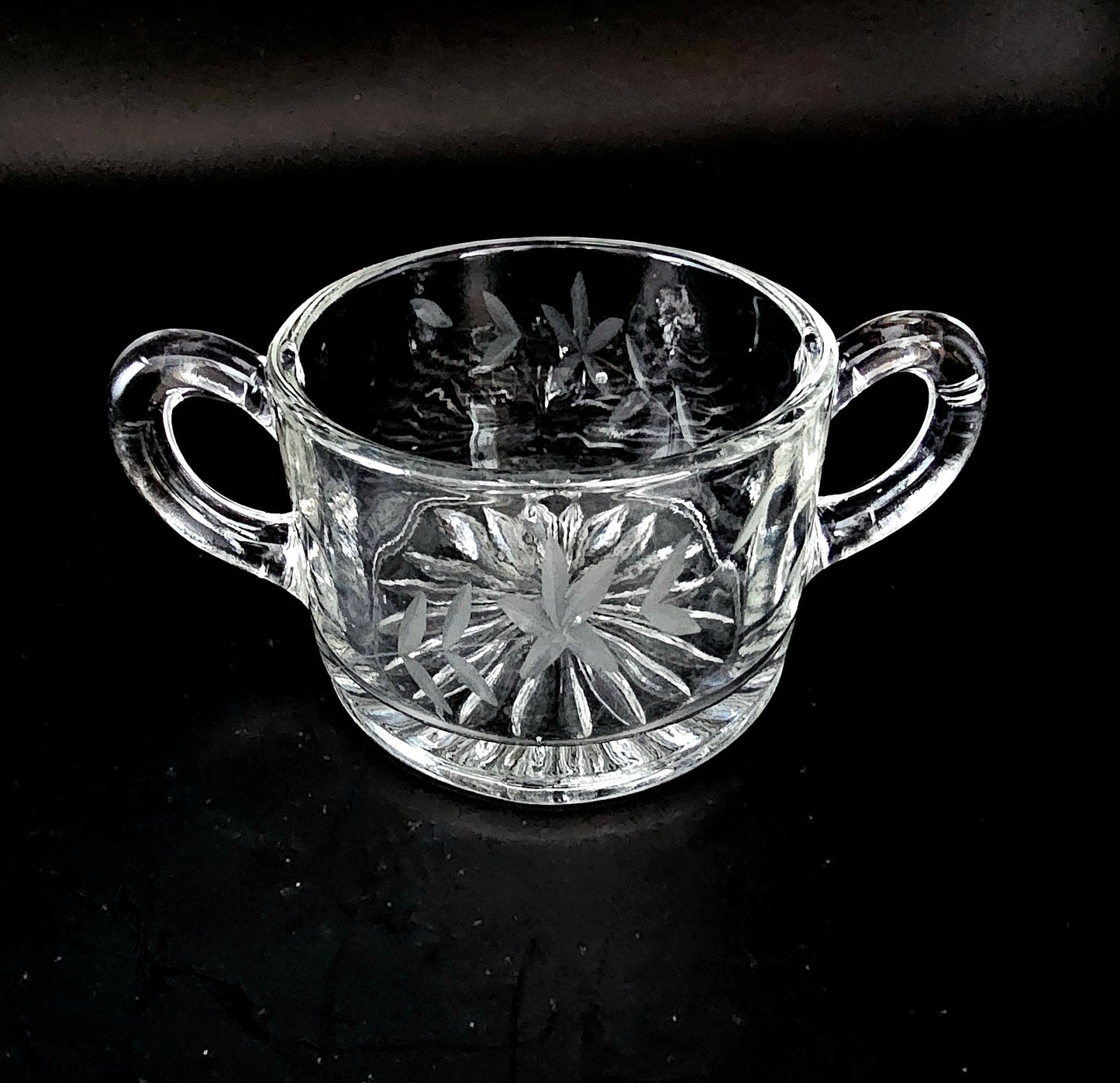 Etched Glass Sugar Bowl with Double Handles, Vine and Leaf Pattern, Vintage. Excellent Condition.