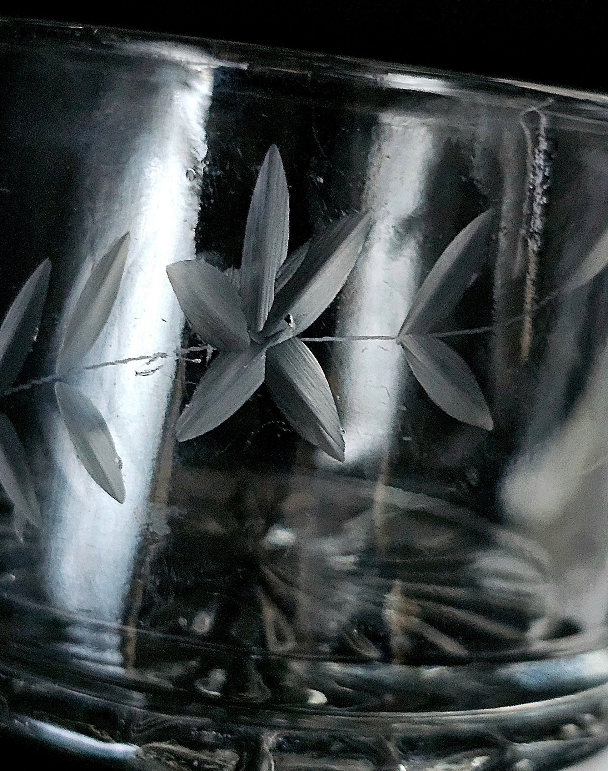 Etched Glass Sugar Bowl with Double Handles, Vine and Leaf Pattern, Vintage. Excellent Condition.