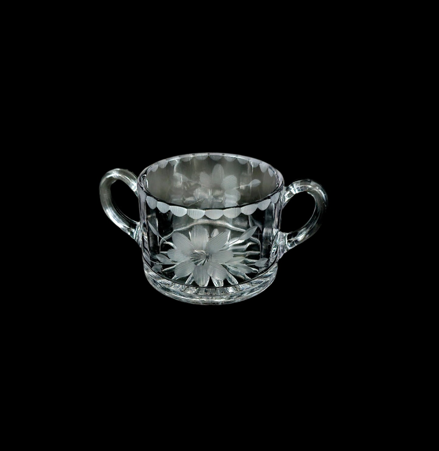 Etched Glass Sugar Bowl with Double Handles, Etched Floral Pattern, Vintage. Excellent Condition.