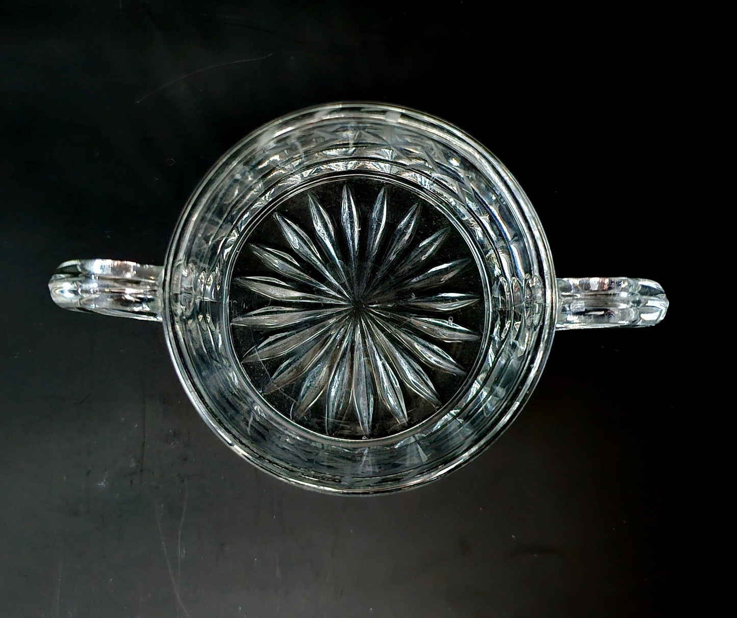 Etched Glass Sugar Bowl with Double Handles, Vine and Leaf Pattern, Vintage. Excellent Condition.